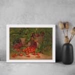 Rustic vintage wall art featuring strawberries spilling from wooden baskets with green leaves and a garden background. displayed on the wall in a white frame