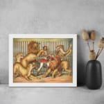 Vintage wall art of lion tamer in red outfit with multiple circus lions in dynamic poses inside a cage. displayed on the wall in a white frame