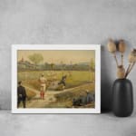Vintage wall art of a classic baseball game with players in red and blue uniforms on a grassy field, trees and flags in the background. displayed on the wall in a white frame