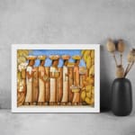 Infidu vintage wall art featuring a group of women in traditional clothing carrying baskets, set against a tropical backdrop with banana trees and a bright blue sky. displayed on the wall art in a white frame