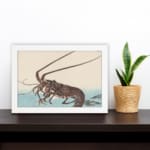 Infidu vintage wall art featuring a detailed Japanese lobster design with flowing legs, fine lines, and soft beige and blue tones. displayed on the wall art in a white frame