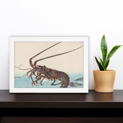 Infidu vintage wall art featuring a detailed Japanese lobster design with flowing legs, fine lines, and soft beige and blue tones. displayed on the wall art in a white frame