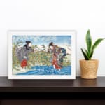 Infidu vintage wall art depicting a traditional Japanese scene with two women in detailed kimonos, a flowing blue river, and blooming trees in soft, earthy tones. displayed on the wall art in a white frame