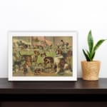 Vintage dog show art with various breeds in a classic exhibition setting, featuring warm earthy tones and nostalgic charm. displayed on the wall