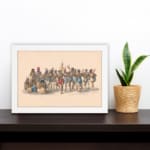 Vintage art of Indigenous people in traditional attire, gathered in a ceremonial scene with earthy colors and historical charm. displayed on the wall in a black frame