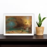 Vintage wall art of a mysterious coastal scene with glowing light, stormy sky, cliffs, and a lone figure walking along the shore. displayed on the wall in a white frame