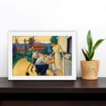 Vintage wall art of a loving early 20th-century family scene with warm colors, depicting a father, mother, and child in a nostalgic setting. displayed on the wall in a white frame