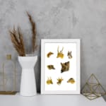 Vintage wall art showing detailed illustrations of deer, wild boar, and forest animals on a white background in natural earthy tones. displayed on the wall in a white frame