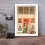 Vintage wall art with a Middle Eastern scene featuring a woman in a flowing outfit, ornate arches, and detailed architecture in warm and vibrant tones. displayed on the wall