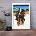 Vintage Japanese warrior in snowy landscape with rich colors, traditional robe details, and floral vintage art elements. displayed on the wall in a white frame