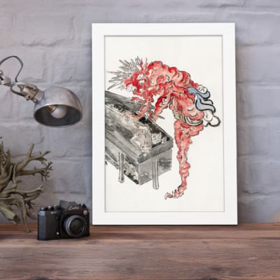 Vintage horror wall art of a red phantom with spiky hair over a black coffin, featuring a traditional Asian style with bold red, black, and white tones. displayed on the wall