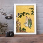 Vintage Asian wall art with two figures in traditional robes under a pine tree, set against a golden background with delicate brushwork. displayed on the wall