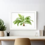 Vintage wall art with a detailed green palm plant in a white frame, featuring bright green leaves and a white background for a fresh, elegant look. displayed on the wall