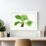 Vintage botanical wall art with a green palm plant, detailed leaves, and a brown base on a white background, framed in white for an elegant touch. displayed on the wall