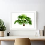 Vintage wall art with a green palm plant, detailed leaves, a white background, and a white frame for a classic and elegant look. displayed on the wall