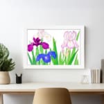 Vintage floral wall art with purple, blue, and pink flowers, green leaves, and a white frame on a white background. displayed on the wall