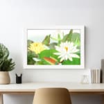 Vintage floral wall art with water lilies and green leaves, framed in white for a classic and elegant touch. displayed on the wall
