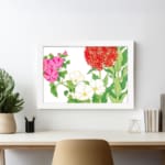 Infidu vintage floral wall art with pink, white, and red flowers, green leaves, and a white frame. displayed on the wall