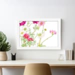 Infidu Vintage Floral Wall Art with pink, white & red flowers, green leaves, and a white frame on a white background. displayed on the wall