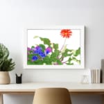Vintage floral wall art featuring red, blue, and purple flowers with green leaves on a white background, framed in white for a classic look. displayed on the wall