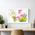 Infidu Vintage Floral Wall Art with pink, yellow & white flowers, green leaves, and a white frame on a white background. displayed on the wall