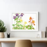 Infidu Vintage Floral Wall Art with purple, yellow, and orange flowers, green leaves, and a white frame on a white background. displayed on the wall