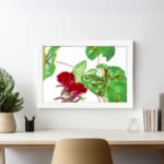 Infidu Vintage Floral Wall Art with red flowers and green leaves, framed in white for a classic look. displayed on the wall