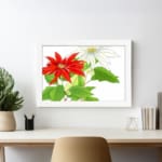 Vintage floral wall art with red and white flowers, green leaves, and a white frame on a white background. displayed on the wall