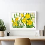 Infidu Vintage Floral Wall Art with bright orange flowers, dark green leaves, and a white frame on a white background. displayed on the wall