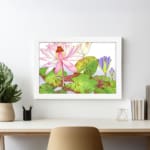 Vintage floral wall art with a pink water lily, purple flowers, and green leaves on a white background, framed in white for a classic look. displayed on the wall