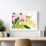 Vintage floral wall art with pink and yellow flowers, green leaves, and a white frame on a white background. displayed on the wall