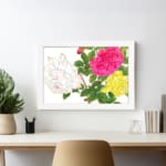 Vintage floral wall art with pink, yellow, and white roses, green leaves, and a white frame on a white background. displayed on the wall