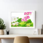 Vintage floral wall art featuring pink and white flowers with green leaves on a white background, framed in white for a stylish and elegant look. displayed on the wall