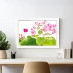 Infidu Vintage Floral Wall Art with pink flowers and green leaves on a white background, framed in white for a classic and elegant look. displayed on the wall.