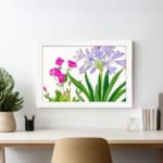 Infidu Vintage Floral Wall Art with soft purple and bright pink flowers, green leaves, a white background, and a white frame for a stylish touch. displayed on the wall