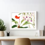 Infidu Vintage Floral Wall Art with white flowers, purple centers, and an orange flower, set against a white background with green leaves. displayed on the wall in a white frame