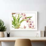 Infidu Vintage Orchid Floral Wall Art with white, pink, and purple orchids, yellow centers, and green leaves on a white background. displayed on the wall in a white frame