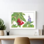 Infidu Vintage Botanical Wall Art with red and blue flowers, green leaves, and a white frame on a white background. Classic floral vintage art. displayed on the wall