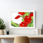Vintage floral wall art with bold red flowers and green leaves on a white background, framed in white for a classic and stylish touch. displayed on the wall