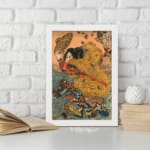 Infidu vintage wall art featuring a traditional Japanese figure in intricate, colorful attire holding a fan, with soft beige tones and flowing blue waves in the background. displayed on the wall art in a white frame