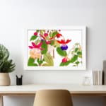 Infidu Vintage Floral Wall Art with pink, red, and purple flowers, green leaves, and a white frame on a white background. displayed on the wall