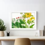 Infidu Vintage Floral Wall Art with yellow, red, and white flowers, green leaves, and a white frame on a white background. displayed on the wall