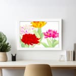 Infidu Vintage Floral Wall Art with red, pink, yellow, and white flowers, green leaves, and a white frame on a white background. displayed on the wall