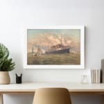 Vintage maritime wall art featuring a large ship, lighthouse, and sailboats on the ocean with a classic nautical theme and elegant white frame. displayed on the wall