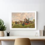Vintage wall art with a horse-drawn carriage, people, green fields, and a soft blue sky. A historical countryside scene framed in white. displayed on the wall