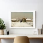 Vintage winter wall art with a snowy village, stone houses, and a black horse-drawn carriage on a snow-covered road, framed in white. displayed on the wall