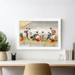 Vintage Japanese wall art with geishas in a tea ceremony, featuring red, white, black, and green tones in a serene outdoor setting with a white frame. displayed on the wall