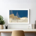 Vintage abstract wall art with a minimalist landscape design, featuring deep blue, beige, and brown tones in geometric shapes with a white frame, displayed on the wall