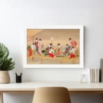 Vintage Japanese wall art with elegantly dressed kimono women in red, white, and beige tones, set in a calm scene with a soft beige background. displayed on the wall