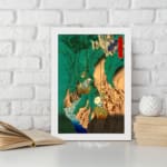 Vintage Asian-style mountain wall art with bold green hills, waterfalls, trees, and traditional red stamp. displayed on the wall in a white frame